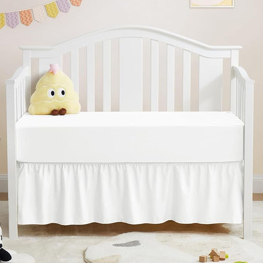 Horbaunal 2 Pack Crib Skirt & Crib Bed Sheet Set, White Crib Bed Skirt 28" x 52" with 14" Drop Dust Ruffle, Soft Microfiber Toddler Bedskirt Nursery Bedding Skirt for Baby Girls and Boys-BubblyBeeBaby