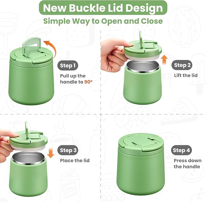 20oz Insulated Vacuum Food Jar with Buckle Lid,Soup Thermo for Hot Food Kids,Wide Mouth Leakproof Stainless Steel Lunch Container with Spoon-Green-BubblyBeeBaby