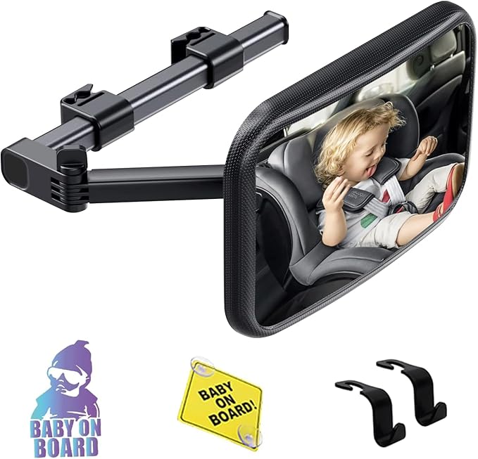 Baby Car Mirror Rear Facing, Safety Adjustable Car Seat Mirror for Baby Extendable Camera Monitor with Hook Clip Design Clear View ShatterProof + 2 Baby on Board Stickers,2 Seat Headrest Hook-BubblyBeeBaby