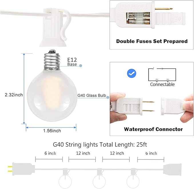 25Ft G40 LED Outdoor Christmas Frosted White String Lights with 27 G40 White Pearl Shatterproof Bulbs, Connectable Vintage Christmas Globe Patio Lights for Holiday Wedding Party Café Porch Party-White-BubblyBeeBaby