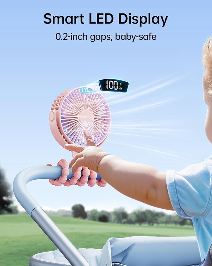 SWEETFULL Portable Stroller Fan with Display 4000mAh Battery Powered Mini Clip On Fan, 4-Speed Rechargeable Small Personal Cooling for Baby Car Seat Crib Travel - Pink-BubblyBeeBaby