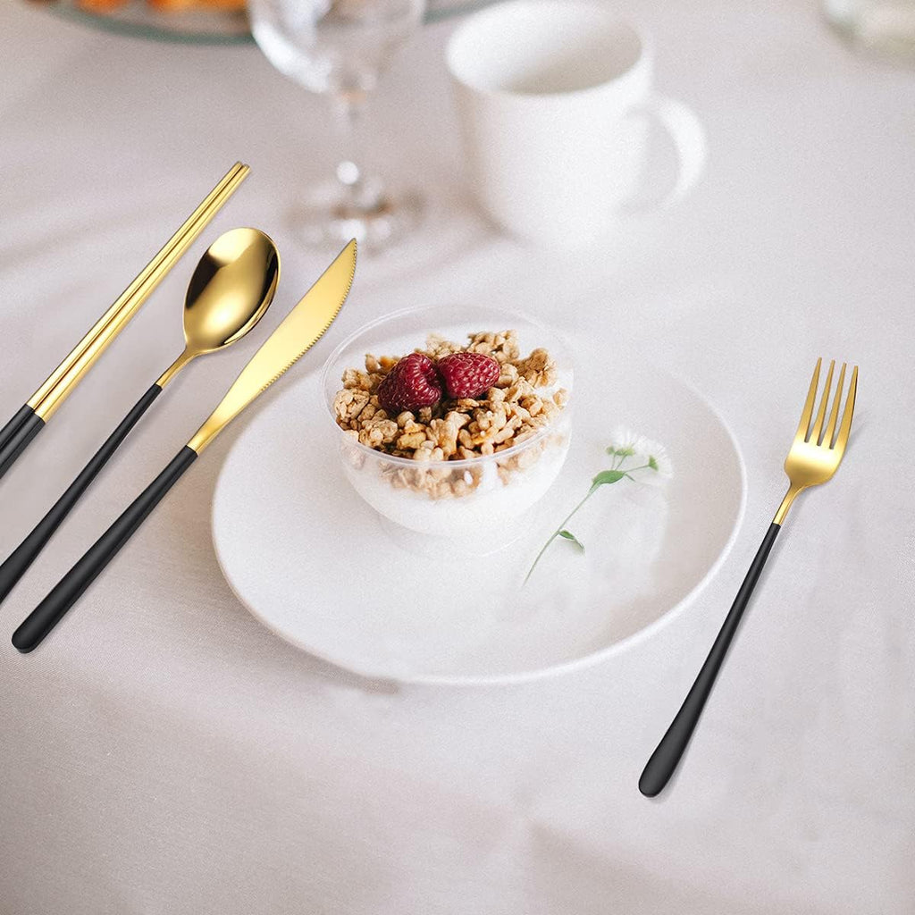 AARAINBOW 6 Pieces 18/8 Stainless Steel Flatware Set Portable Reusable Cutlery Set Travel Utensils Set Including Chopsticks Knife Fork Spoon Straws Cleaning Brush Dishwasher Safe (Black golden)