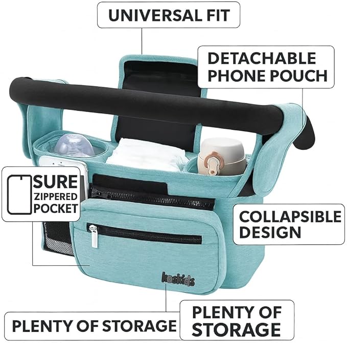 Universal Stroller Organizer with Insulated Cup Holder, Detachable Phone Bag, Shoulder Strap – Fits All Stroller Types, Keeps Drinks Hot/Cold (Blue)-BubblyBeeBaby