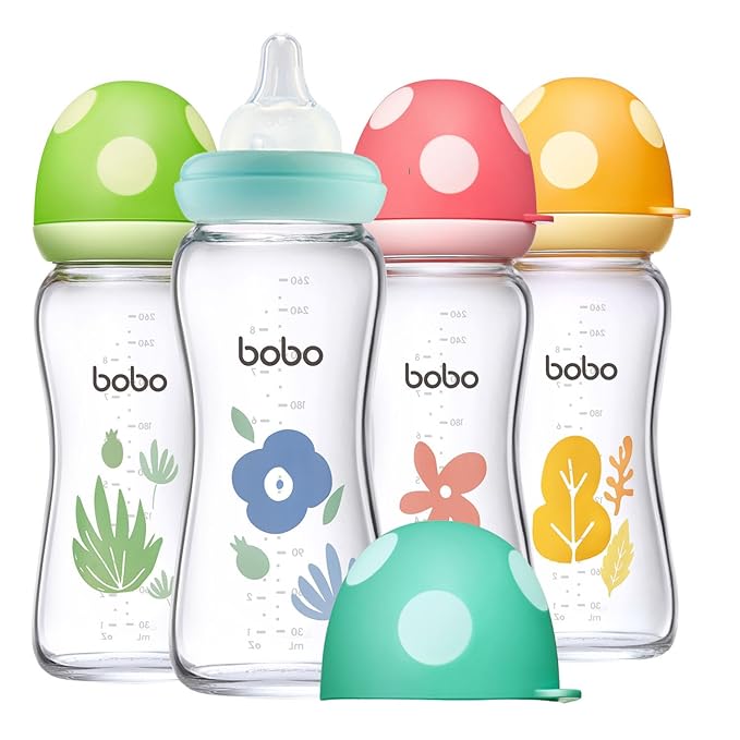 YOHKOH Natural Glass Baby Bottle with Natural Response Nipple, Newborn Anti-Colic Baby Bottles, Wide Neck Mushroom Cap Baby Bottle, Clear (8.8oz (Pack of 4), Multicolour)-BubblyBeeBaby