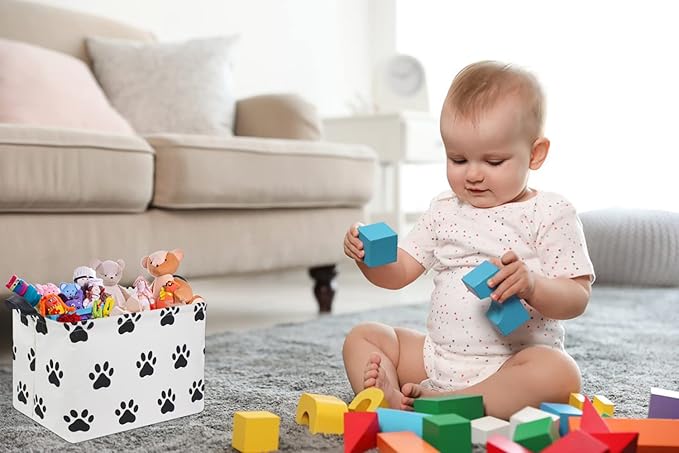 HIYAGON Dog toy Basket Dog Toy Bin Cute Toy Storage Basket Organizer Box Kids Gift Basket Empty Rectangular Room Decor for Home(Paw)-BubblyBeeBaby