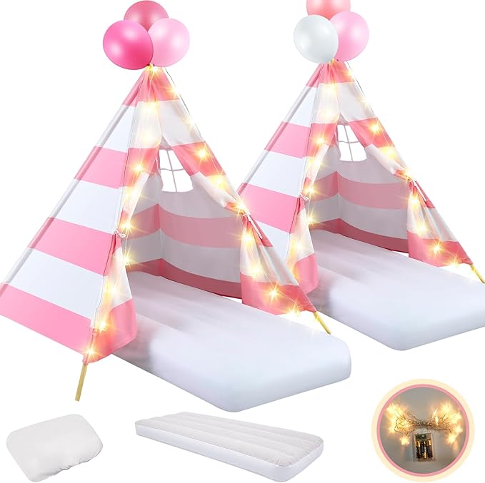 2 Pack Kids Teepee Tent with Mattress,Fitted Sheet,Light String,Washable Natural Cotton Toddler Play Tent for Girls Boys Indoor Outdoor Sleepover Slumber Birthday Party(Pink and White)-BubblyBeeBaby