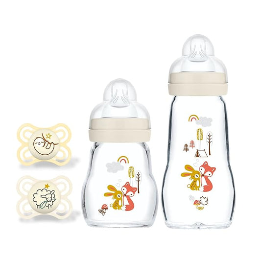 MAM Feel Good Glass Baby Bottle and Pacifier Bundle, Unisex, Slow Flow and Medium Flow, Premium 5oz and 9oz Glass, Easy Switch Between Breast to Bottle, MAM Perfect Night Pacifier 0+ Months, Glows in-BubblyBeeBaby