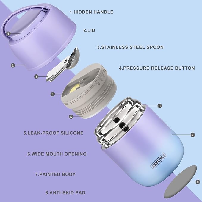 17 oz Insulated Lunch Containers Hot Food Jar, Wide Mouth Lunch Thermo for Hot Food Kids Adults, Vacuum Stainless Steel Thermo Lunch Box With Handle Folding Spoon for School, Office(Purple blue)-BubblyBeeBaby