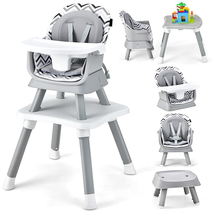 HONEY JOY 8 in 1 Baby High Chair, Convertible Highchair for Babies and Toddlers/Table and Chair Set/Building Block Table/Booster Seat/Stool/Toddler Chair with Safety Harness (Wave Gray)-BubblyBeeBaby