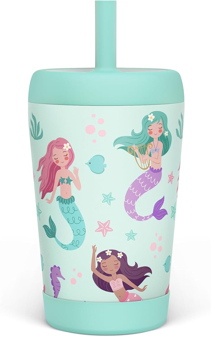 Kid Insulated Stainless Steel Tumbler with Silicone Straw, 12oz Sippy Cup for Kids (Magical Mermaids)-BubblyBeeBaby