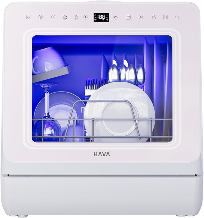HAVA Countertop Dishwasher with Water Softener and Enhanced Energy Efficiency, Portable Dishwasher with 8 Wash Programs, Child Lock & Delayed Start Function, No Installation Needed - Misty Lilac-BubblyBeeBaby