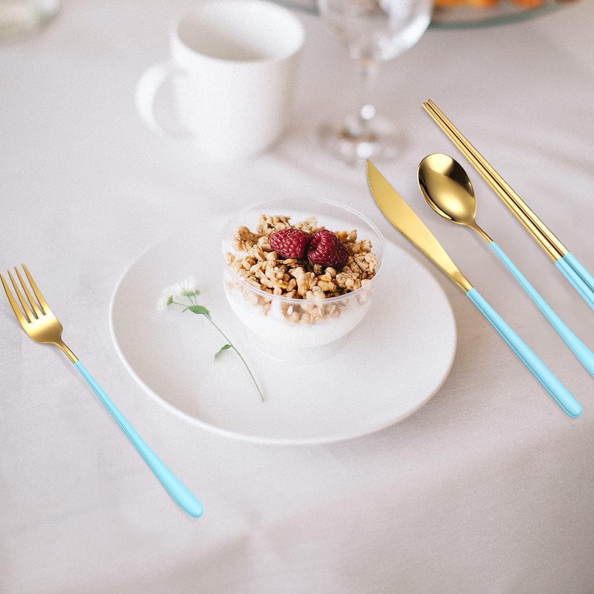 AARAINBOW 6 Pieces 18/8 Stainless Steel Flatware Set Portable Reusable Cutlery Set Travel Utensils Set Including Chopsticks Knife Fork Spoon Straws Cleaning Brush Dishwasher Safe (Light Blue Golden)