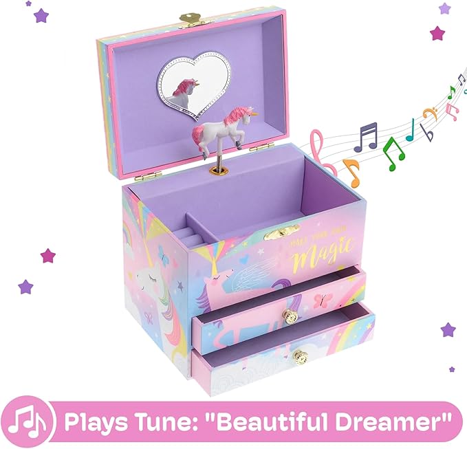Jewelkeeper Unicorn Musical Jewelry Box for Girls - Cotton Candy Unicorn Design Music Box with 2 Pullout Drawers to Store Earrings, Necklace and Bracelets, Plays The Beautiful Dreamer Tune-BubblyBeeBaby