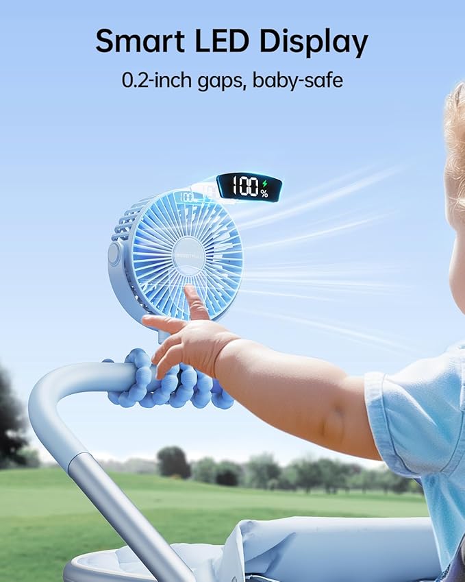 SWEETFULL Portable Stroller Fan with Display 4000mAh Battery Powered Mini Clip On Fan, 4-Speed Rechargeable Small Personal Cooling for Baby Car Seat Crib Travel - Blue-BubblyBeeBaby