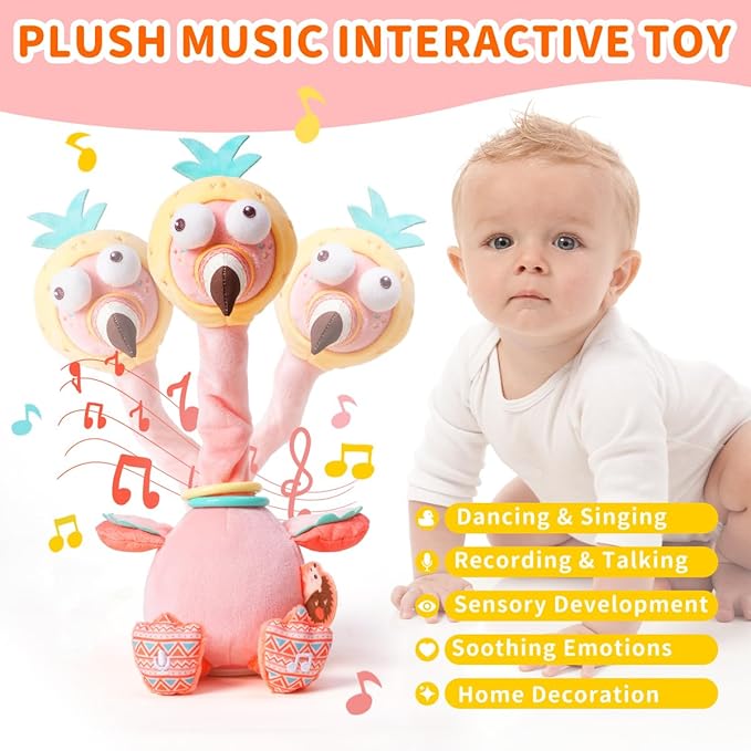 Jollybaby Plush Talking Singing Dancing Musical Flamingo Toy for Toddlers 1-3 Just Like Cactus Toy, Music Mimicking Interactive Toy for Crawling Kids, Sensory Stuffed Toy Gift for Baby 0-6-12 Month-BubblyBeeBaby