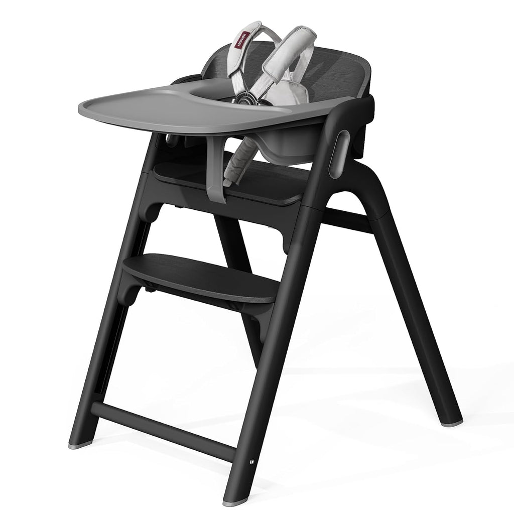 Momcozy DinerPal Wooden High Chair for Babies, Toddlers & Adults Up to 308 Lbs, Convertible Baby Highchair with Food-Grade Tray, Dishwasher-Safe, Adjustable & Ergonomic, Midnight Black