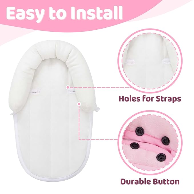 Pro Goleem Breathable 3-in-1 Baby Car Seat Head Support, Soft Infant Car Seat Insert, Carseat Cushion for Newborn, Perfect for Car Seat, Strollers, Swings, Carrier, Bouncer, Pink and White-BubblyBeeBaby