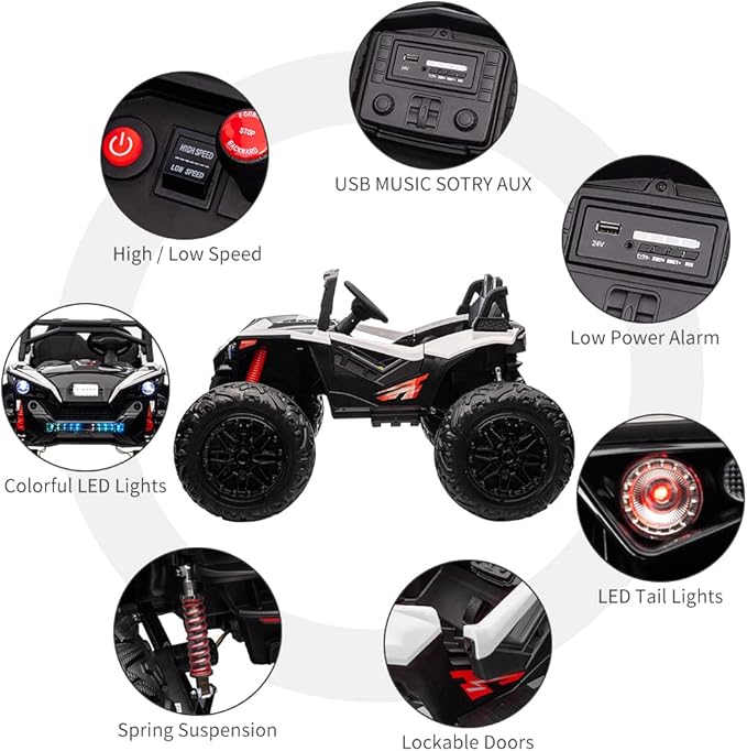 2 Seaters 24V Ride on UTV with Remote Control,10AH Battery, 400W Powerful Motors with 17" EVA Wheels, 20.5“ Seat Width Electric Ride Toy with Metal Suspension,LED Lights,Music,Horn (White)-BubblyBeeBaby