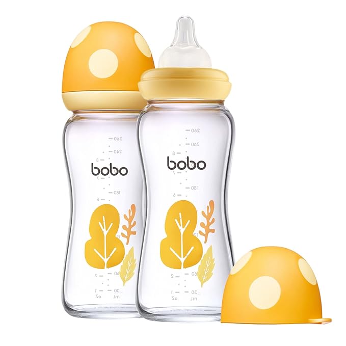 YOHKOH Natural Glass Baby Bottle with Natural Response Nipple, Newborn Anti-Colic Baby Bottles, Wide Neck Mushroom Cap Baby Bottle, Clear (8.8oz (Pack of 2), Yellow)-BubblyBeeBaby