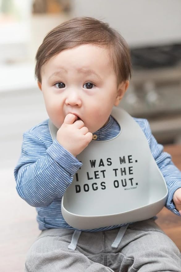 Baby Bib for Eating by Bella Tunno, Waterproof Silicone Bib with Large Food Catcher, Adjustable Fit for Babies 4-12 months & Toddlers 1-3 Years, Boys & Girls, Let The Dogs Out-BubblyBeeBaby