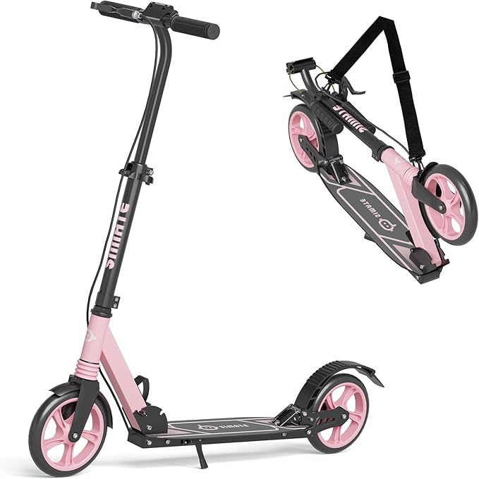 Kick Scooter for Kids Teens & Adults, 4 Adjustable Heights, 8IN All Terrain Big Wheels, Dual Brakes & Dual Suspension, Foldable and Lightweight, Gifts for Girls Boys-BubblyBeeBaby