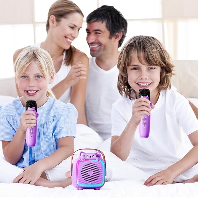 Karaoke Machine with 2 Wireless Microphones for Kids Adults,Portable Bluetooth Speaker Girls Toddlers Toy Gift for Aged 3-12 Year Birthday Parties Christmas Party - Purple-BubblyBeeBaby