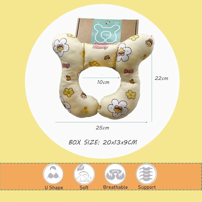 Baby Neck Pillows, Comfortable Baby Travel Head Neck Support Pillow for Car Seat Stroller Pushchair, Soft PP Cotton Travel Pillow for 0-1 Year Old Toddler Infant Newborn, Bee-BubblyBeeBaby