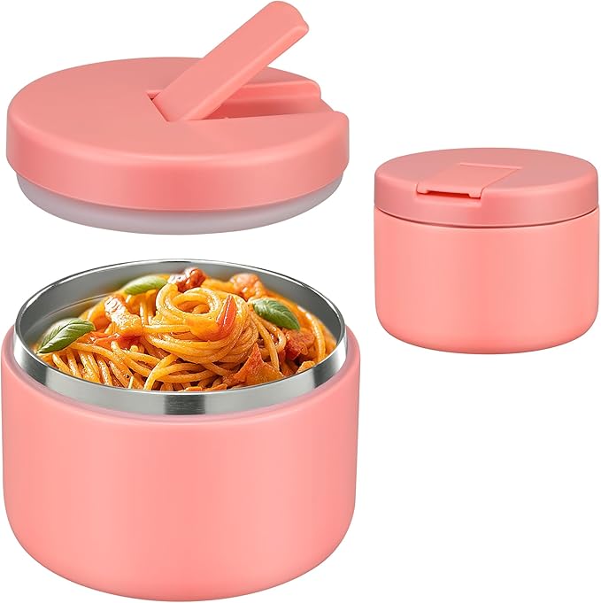 12oz Insulated Vacuum Food Jar with Buckle Lid Wide Mouth Soup Thermo for Hot Food Kids Leakproof Stainless Steel Lunch Container- Pink- 1Pack-BubblyBeeBaby
