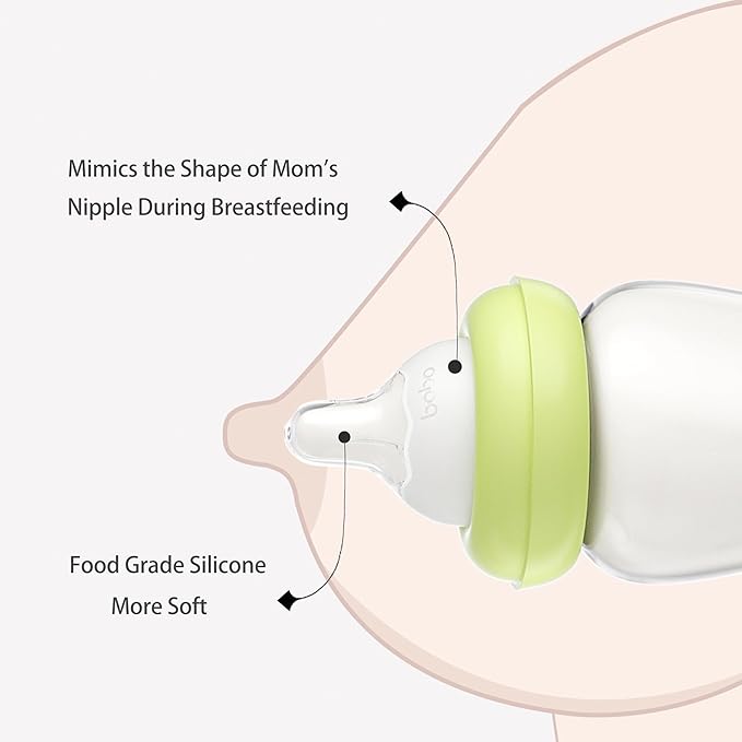 YOHKOH Natural Glass Baby Bottle with Natural Response Nipple, Newborn Anti-Colic Baby Bottles, Wide Neck Mushroom Cap Baby Bottle, Clear (8.8ounce (Pack of 4), Green2)-BubblyBeeBaby