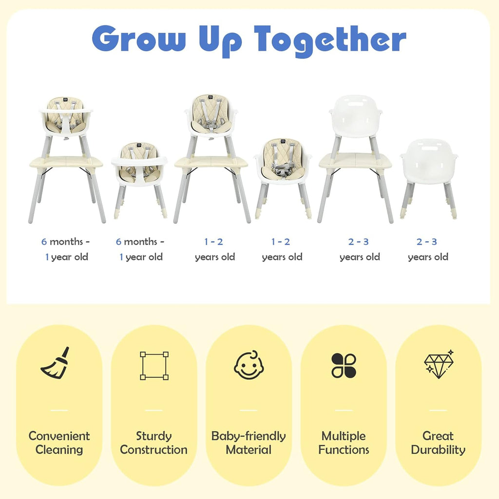 HONEY JOY 5-in-1 High Chair, Convertible Highchair for Babies and Toddlers/Kids Chair Table Set/Infant Feeding Chair w/Safety Harness, PU Leather Cushion & Removable Food Tray (Beige)