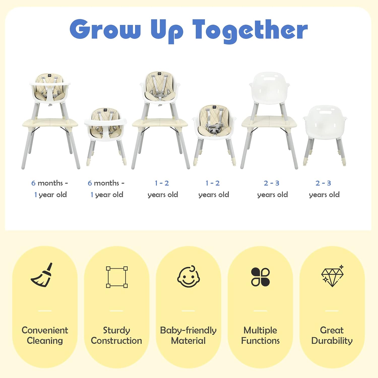 HONEY JOY 5-in-1 High Chair, Convertible Highchair for Babies and Toddlers/Kids Chair Table Set/Infant Feeding Chair w/Safety Harness, PU Leather Cushion & Removable Food Tray (Beige)