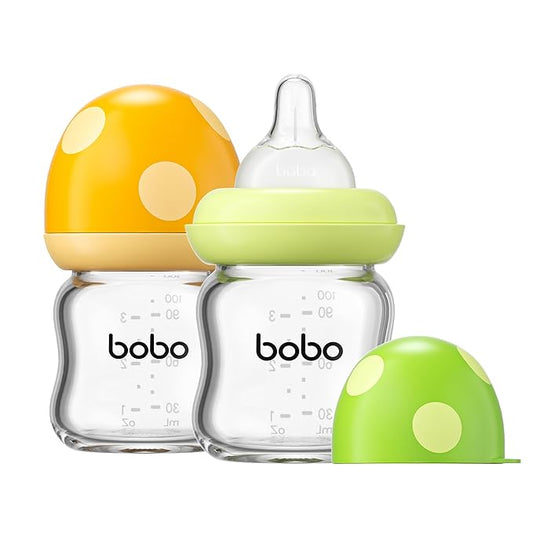 YOHKOH Natural Glass Baby Bottle with Natural Response Nipple, Newborn Anti-Colic Baby Bottles, Wide Neck Mushroom Cap Baby Bottle, Clear (Multicolour1, 3.4oz (Pack of 2))-BubblyBeeBaby