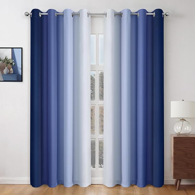 HOMEIDEAS Navy Blue Ombre Blackout Curtains, 52 X 96 Inch Length Gradient Color Room Darkening Curtains with Grommet Thermal Insulated Window Drapes for Living Room, Bedroom, 2 Panels-BubblyBeeBaby