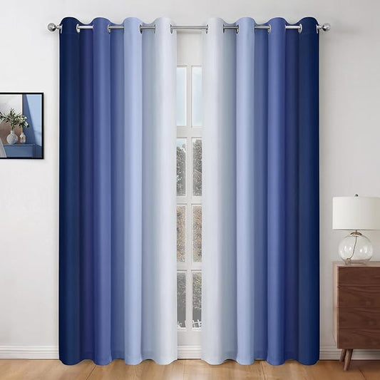 HOMEIDEAS Navy Blue Ombre Blackout Curtains, 52 X 96 Inch Length Gradient Color Room Darkening Curtains with Grommet Thermal Insulated Window Drapes for Living Room, Bedroom, 2 Panels-BubblyBeeBaby