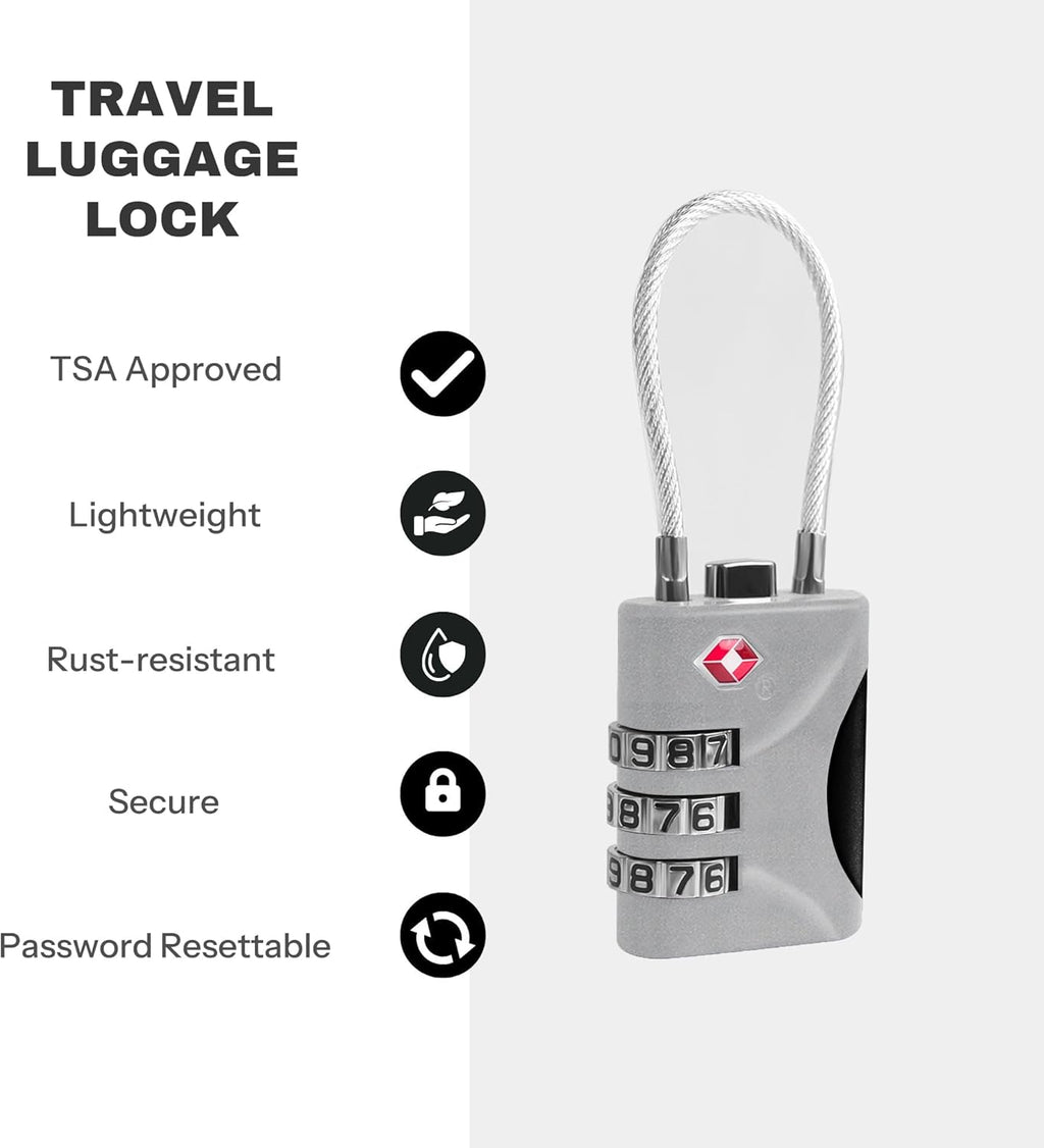 Travel Luggage Locks TSA Approved, Small Combination Padlock with Cable, Combo TSA Lock for Suitcase, Locker & Gym, Cabinet, Bag Zipper, Lock with Code for Travel Accessories (Silver)
