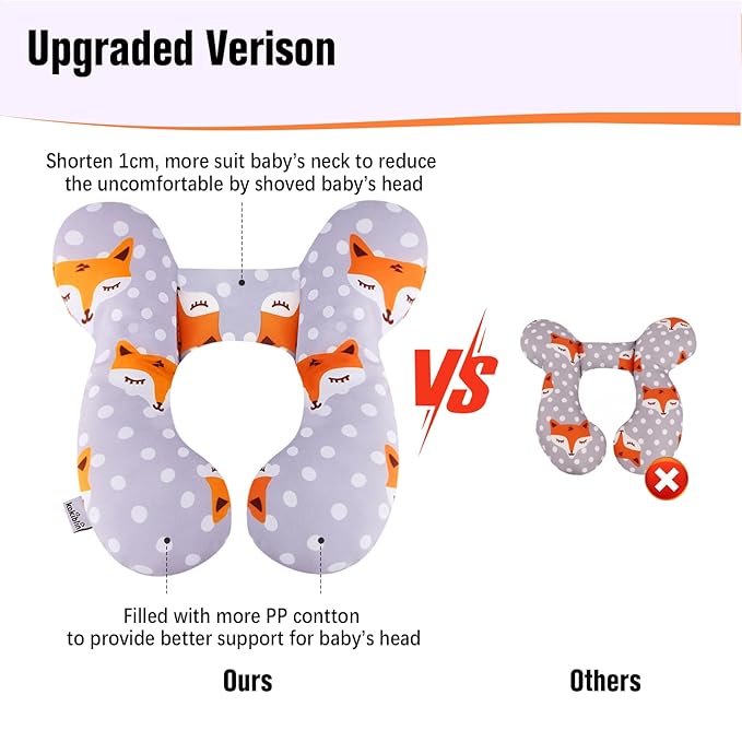 KAKIBLIN Baby Travel Pillow,Baby Neck Pillows for Car Seat,Upgraded Baby Head Pillow,Toddler Head and Neck Baby Support Pillow for Car Seat, Pushchair,Travel (Gray Fox)-BubblyBeeBaby