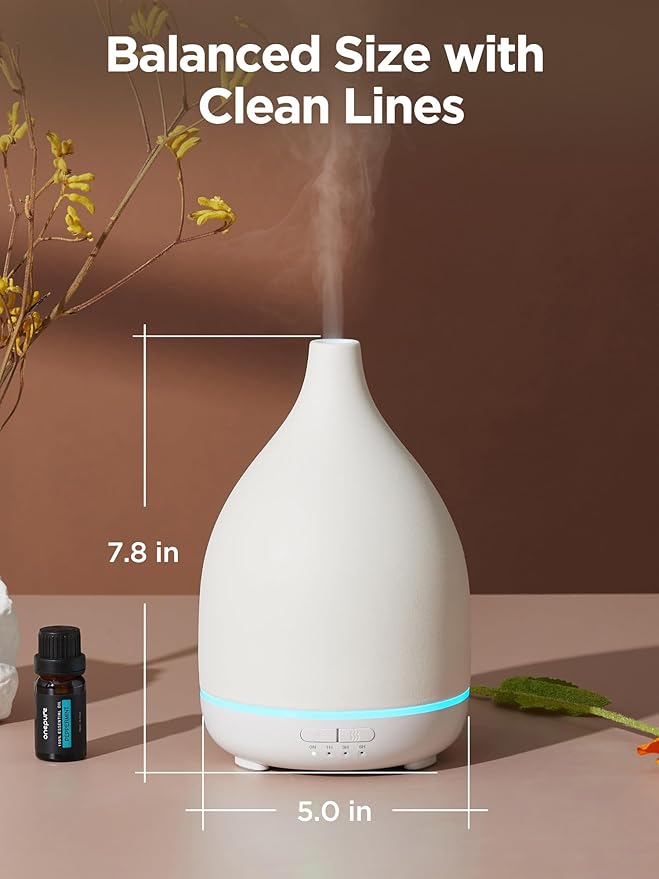InnoGear Oil Diffuser, 300ML Ceramic Diffuser for Essential Oils Handcrafted Aromatherapy Diffuser Ultrasonic Cool Mist Humidifier with 4 Timers Waterless Auto Off for Room Office, White Base-BubblyBeeBaby