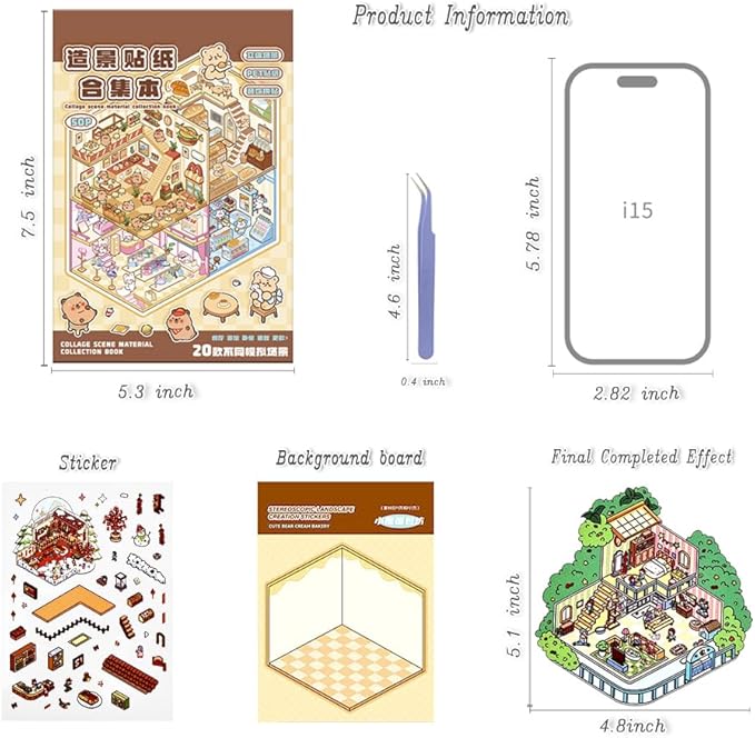 20 Sets DIY 3D Sticker Scenes for Adults Relief Stress, Cute Kawaii 3D House Sticker Therapy for Women Teen Girls Kids Pass The Time, Make Your Own Mini Room Scene Collection Book with Tweezer-BubblyBeeBaby