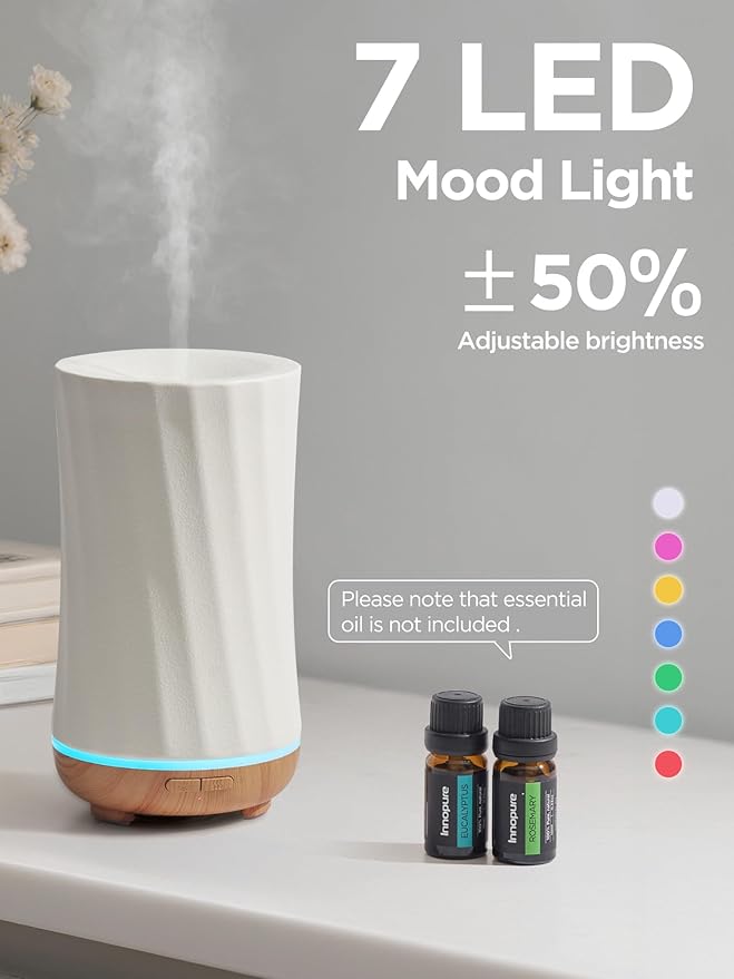 InnoGear 150ml Ceramic Oil Diffuser, Handcrafted Stone Essential Oil Diffuser Aromatherapy Diffusers Ultrasonic Cool Mist Humidifier Vaporizor with 2 Mist Modes Waterless Auto Off for Room Office Home-BubblyBeeBaby