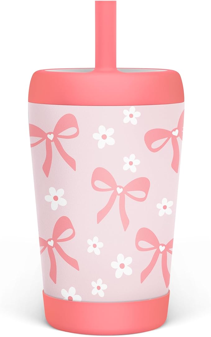 Kid Insulated Stainless Steel Tumbler with Silicone Straw, 12oz Sippy Cup for Kids (Pink Bows)-BubblyBeeBaby