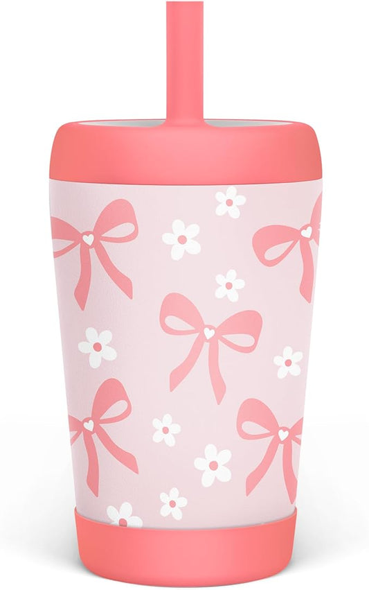 Kid Insulated Stainless Steel Tumbler with Silicone Straw, 12oz Sippy Cup for Kids (Pink Bows)-BubblyBeeBaby
