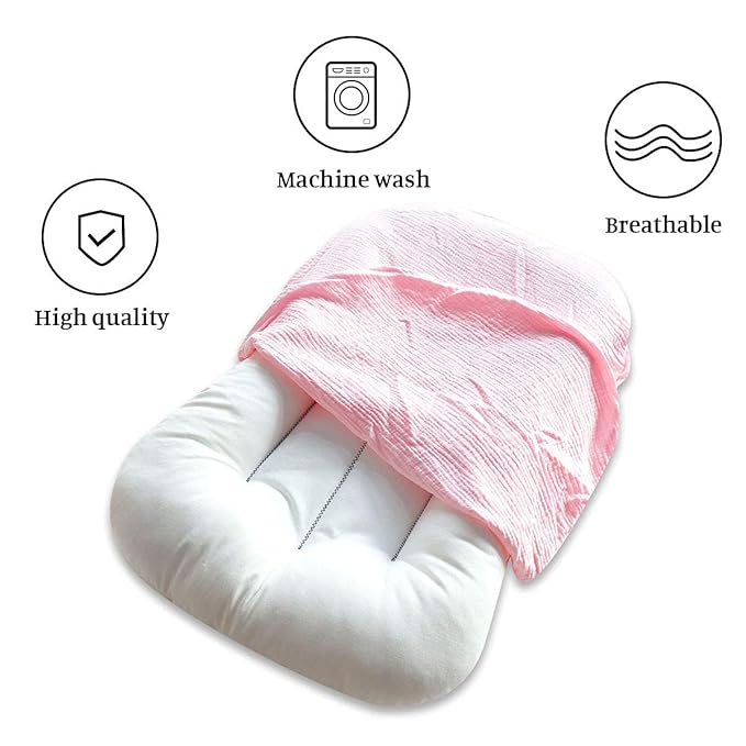 Hooyax Muslin Baby Lounger Cover Soft Organic Cotton Slipcover Fits Newborn Lounger for Baby Boys and Girls (Pink)-BubblyBeeBaby