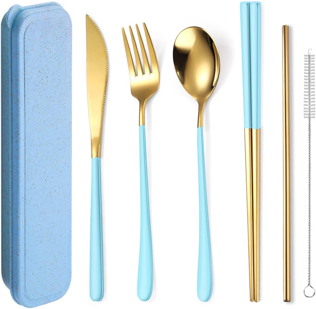 AARAINBOW 6 Pieces 18/8 Stainless Steel Flatware Set Portable Reusable Cutlery Set Travel Utensils Set Including Chopsticks Knife Fork Spoon Straws Cleaning Brush Dishwasher Safe (Light Blue Golden)