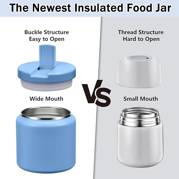 26oz Kids for Hot Food, Insulated Vacuum Food Jar with Buckle Lid, Stainless Steel Wide Mouth Leak Proof Insulated Lunch Container for School Picnic Travel, Sky Blue-BubblyBeeBaby