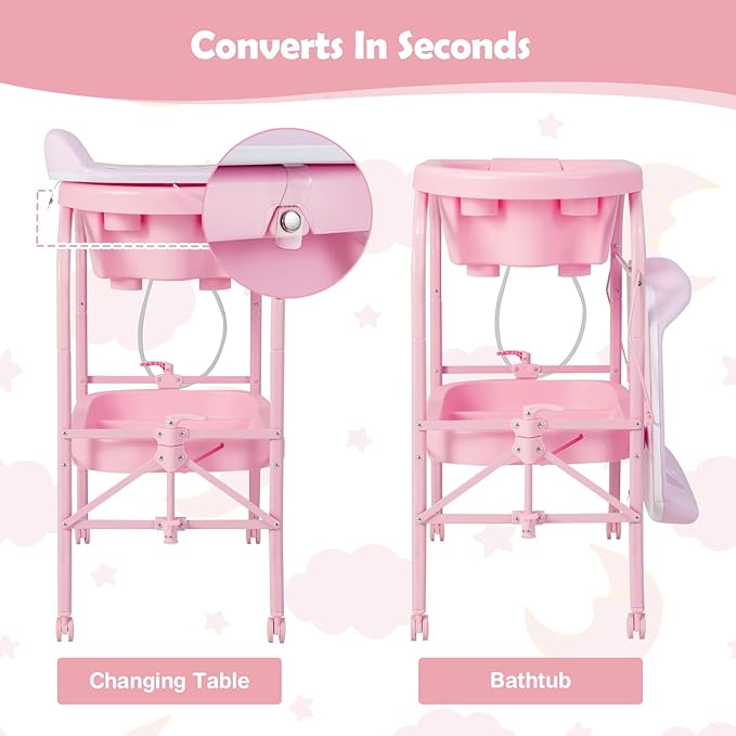 HONEY JOY Baby Changing Table with Bathtub, Foldable Infant Diaper Changing Station with Wheels, Storage Tray, Waterproof Pad, Portable Newborn Nursery Organizer Bath Stand for Boys Girls (Pink)-BubblyBeeBaby