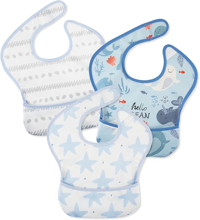 Mess Proof Baby Bib 3 Pack, Waterproof Led Weaning Baby Feeding Bibs with Food Catcher, Travel Feeding Bibs-BubblyBeeBaby