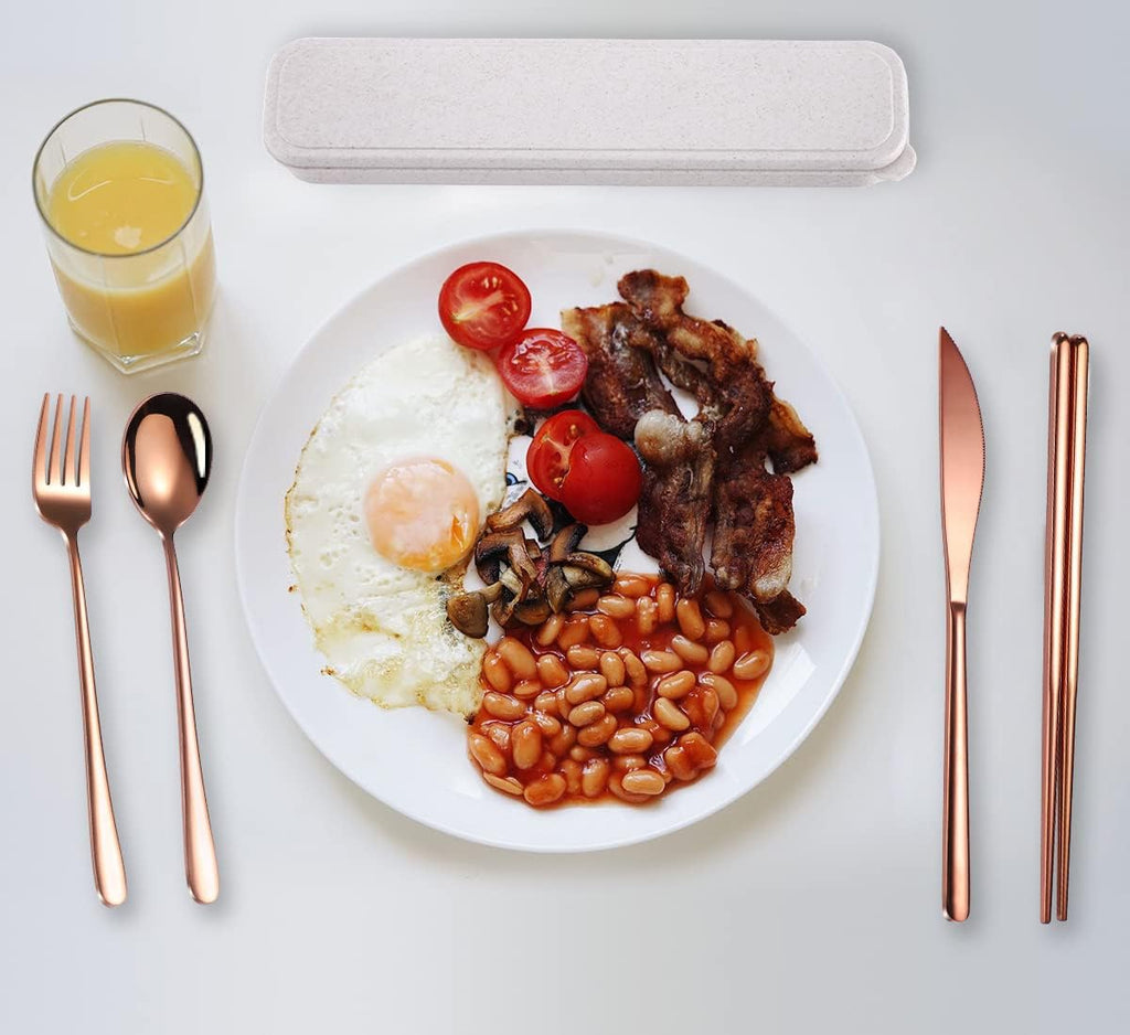 AARAINBOW 6 Pieces 18/8 Stainless Steel Flatware Set Portable Reusable Cutlery Set Travel Utensils Set Including Chopsticks Knife Fork Spoon Straws Cleaning Brush Dishwasher Safe (Rose Gold)