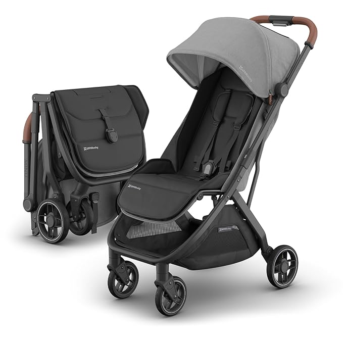 UPPAbaby Minu V3 Travel Stroller | Lightweight + Compact Design | One-Hand Fold + Unfold | from Birth + Overhead Compatible | Greyson (Charcoal Mélange/Carbon Frame/Saddle Leather)-BubblyBeeBaby