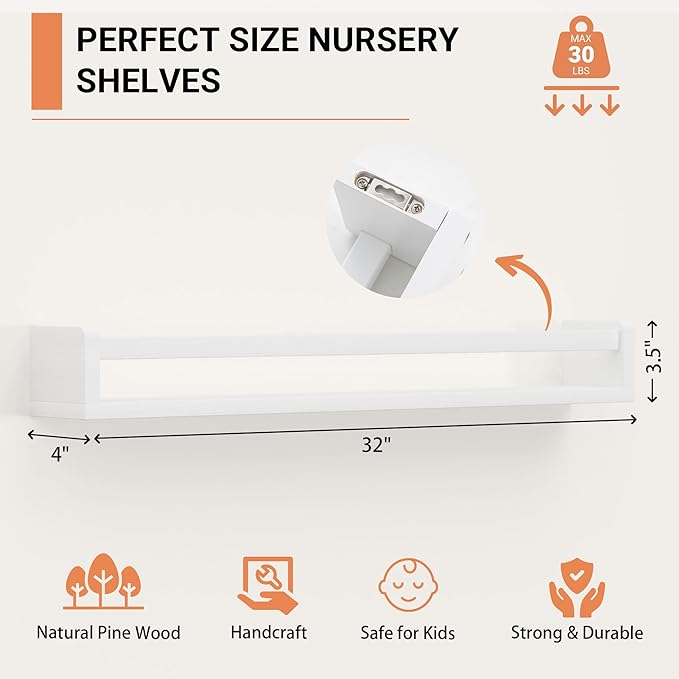 Heimlove Nursery Floating Shelves, White Nursery Book Shelves for Wall, 32 inch Wall Bookshelf for Kids Solid Wood Wall Mounted Shelves for Books,Toys and Decor Storage, Set of 3-BubblyBeeBaby