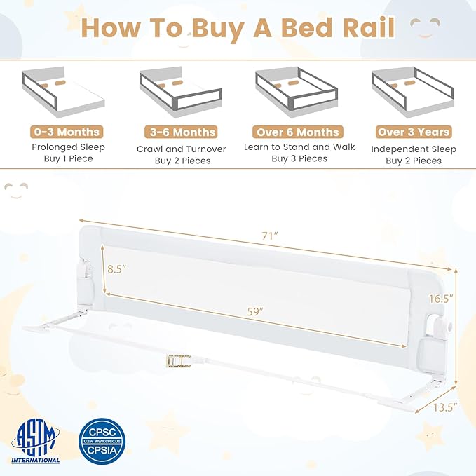 HONEY JOY Bed Rail for Toddlers, Extra Long, Foldable Portable Swing Down Safety Bed Guard Rail, Toddler Bed Rails for Crib, King Queen Full Twin Size Bed Mattress (White, 1 Pack, 71 Inch)-BubblyBeeBaby
